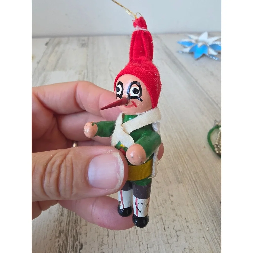 Vintage wooden Pinocchio ornament Xmas tree green red